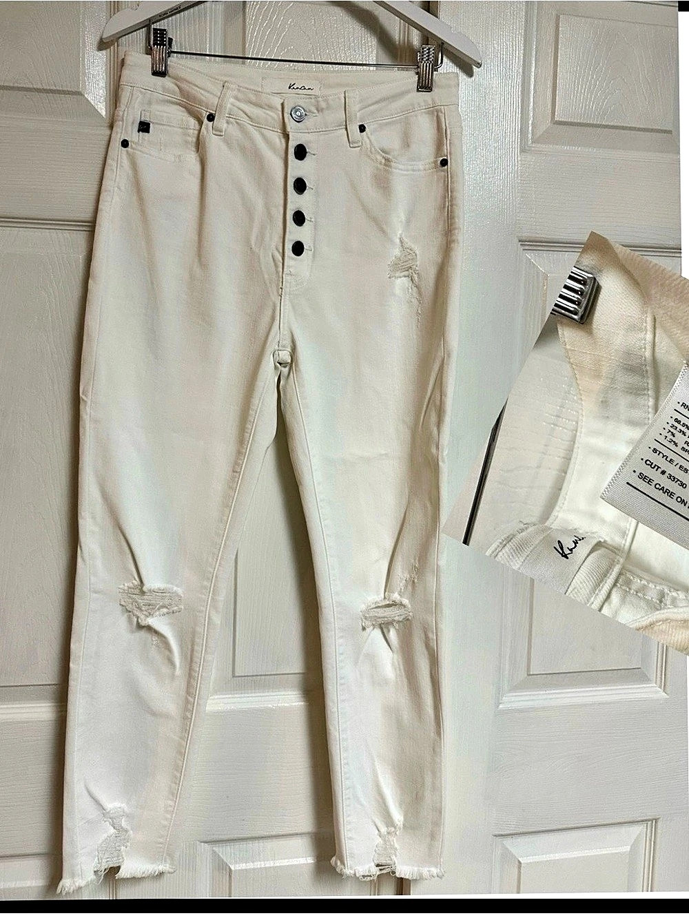 KanCan High Rise Exposed Button Fly Distressed Skinny Jeans Cream 9